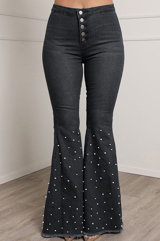 Pearl Decor Buttons Denim Flare Leg Jeans Lavish Daily