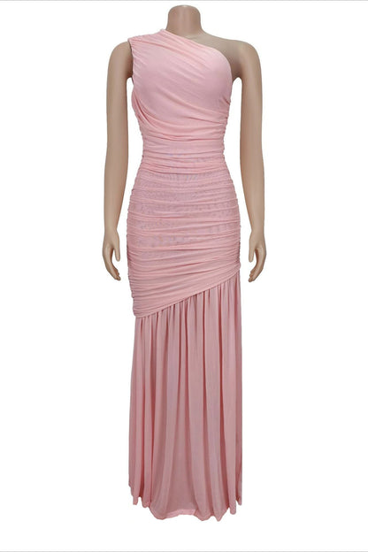 One-Shoulder Ruched Mesh Maxi Dress Lavish Daily
