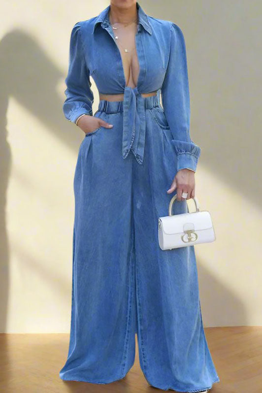 Denim Tied Shirt & Wide-Leg Pants Set Lavish Daily