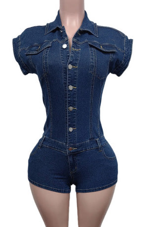 Fitted Denim Button Short Jumpsuit Romper Lavish Daily
