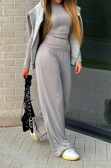 Solid Round-Neck Wide-Leg Lounge Set Lavish Daily