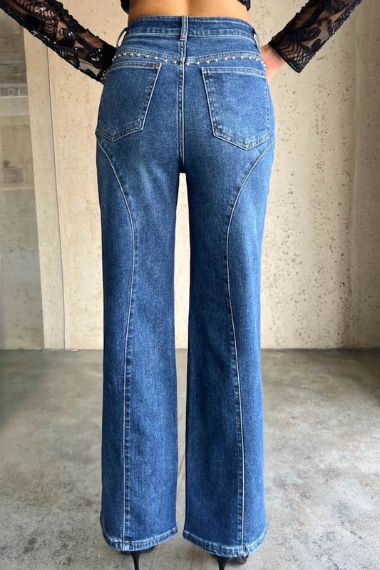 Studded Curved Seam High Waist Wide Leg Jeans Lavish Daily