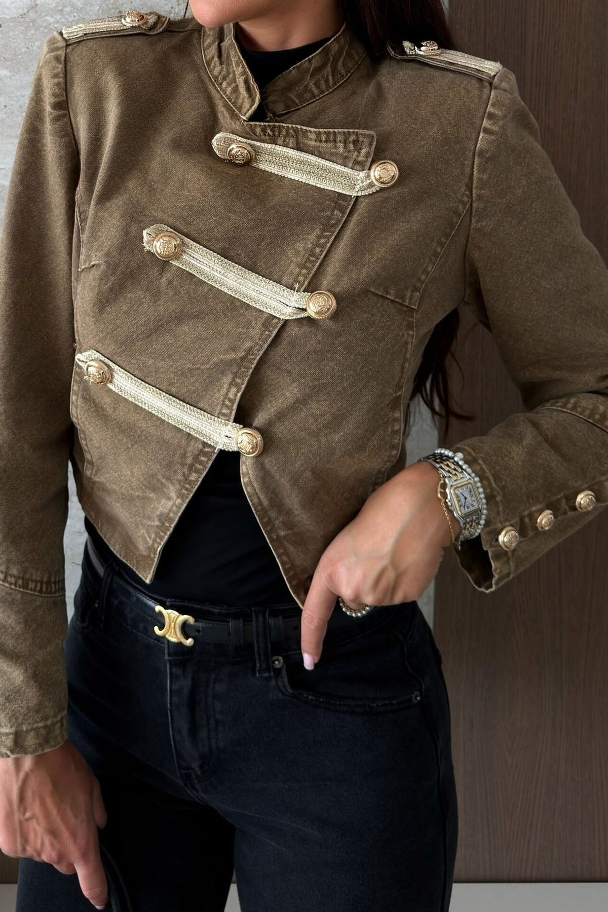 Cropped Military Jacket with Metal Button Detail Lavish Daily