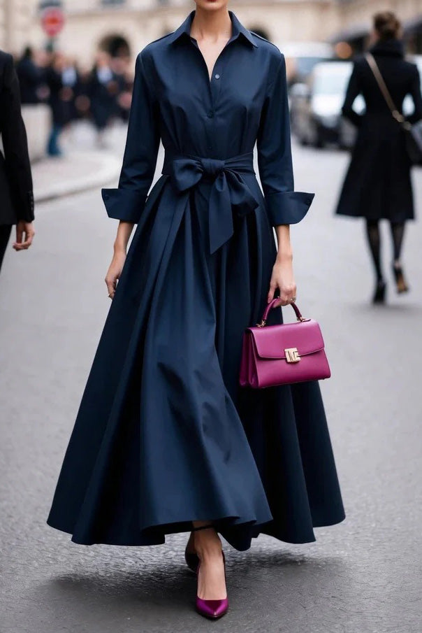 Button Up Bow Waist Long Sleeve Maxi Dress Lavish Daily