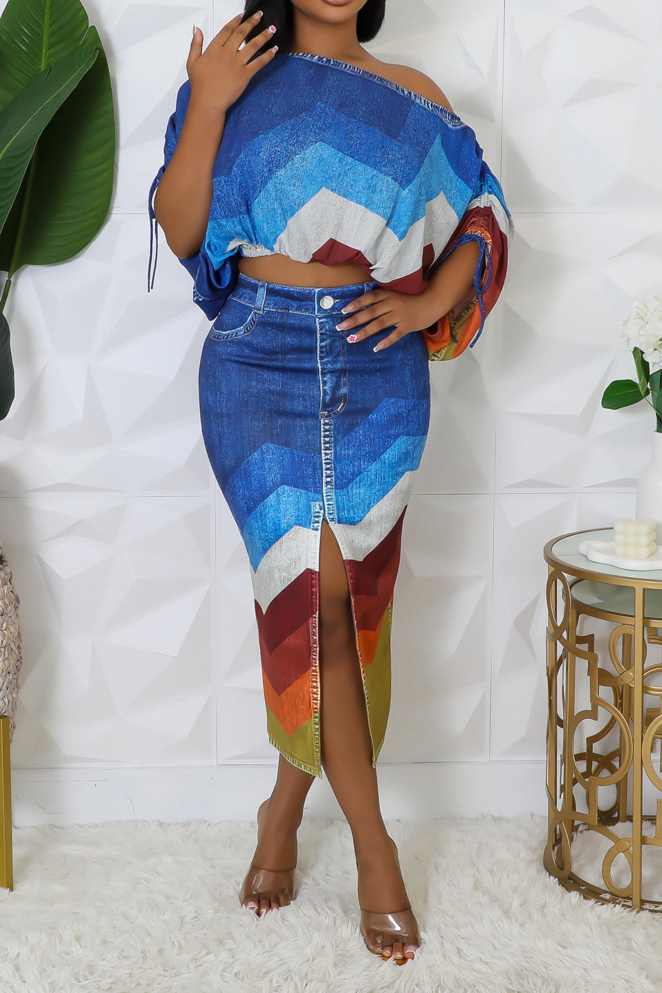 Chevron Denim Effect Skirt Set Lavish Daily