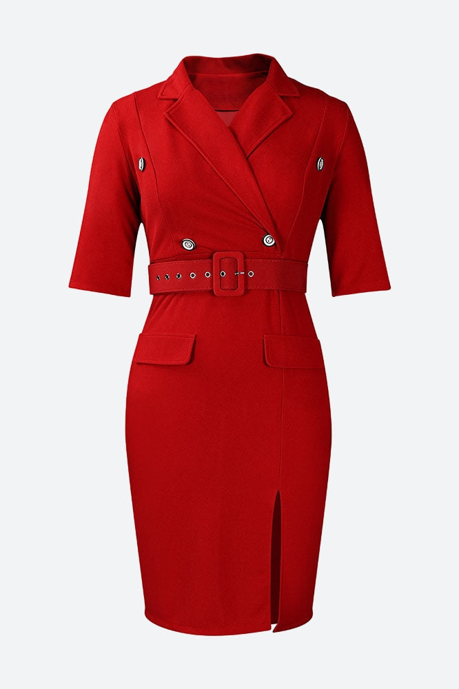 Solid Color Button Lapel Tight Dress Lavish Daily