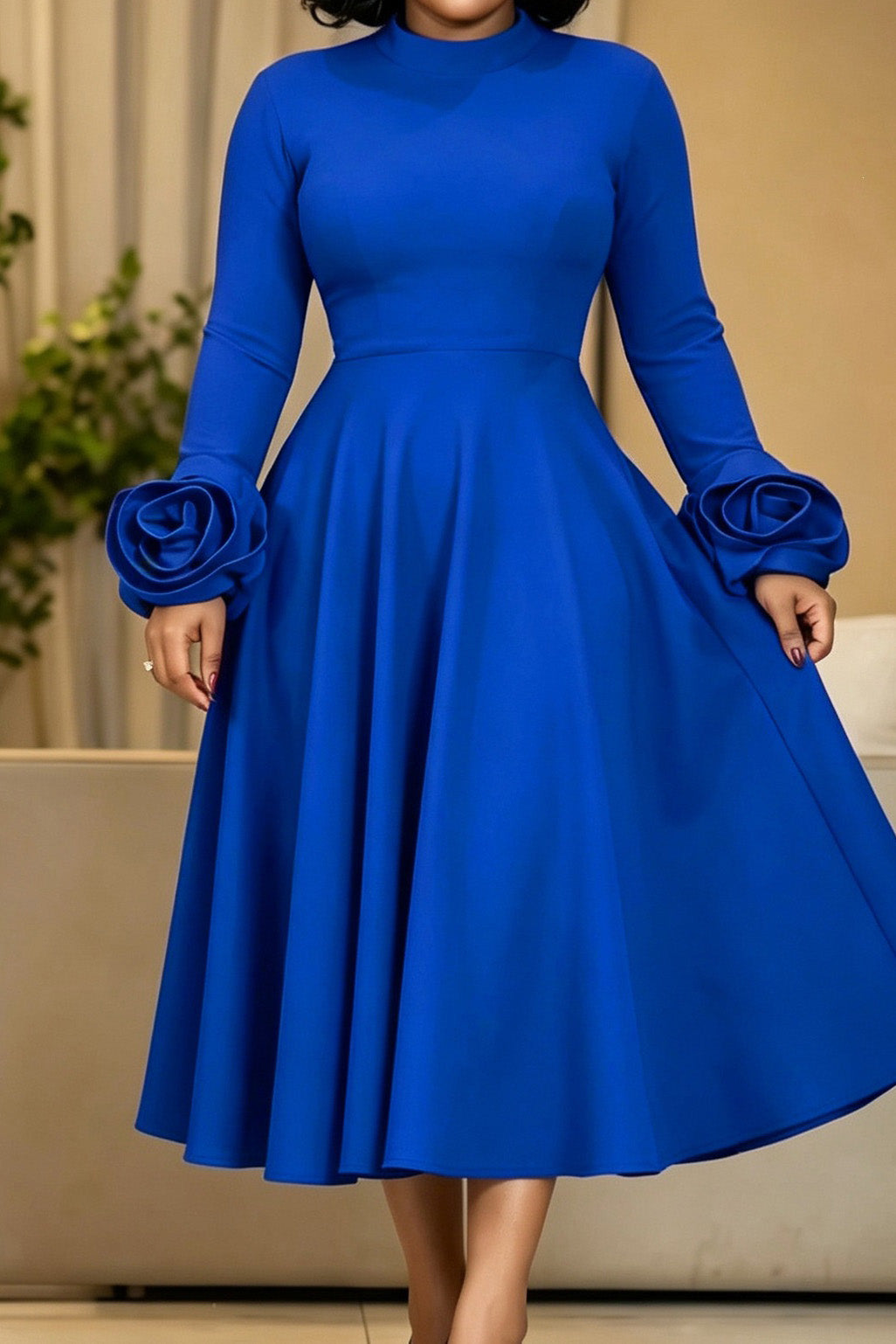 3D Rosette Cuff Flared Midi Dress Lavish Daily