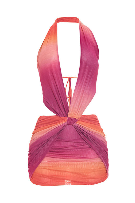 Plunging Halter Twist Front Cutout Mini Dress Lavish Daily