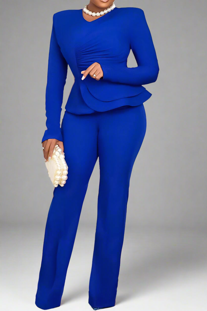 Solid Flounce V Neck Long Sleeve Sets Lavish Daily
