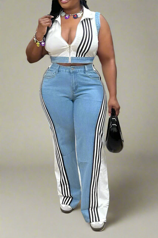 Striped Cropped Top Denim Pant Sets Lavish Daily