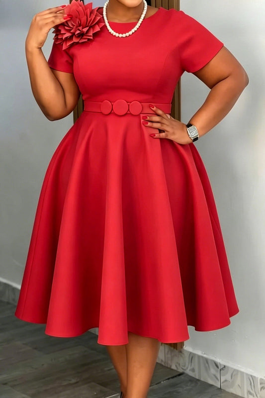 3D Floral Applique Belted A-Line Midi Dress Lavish Daily