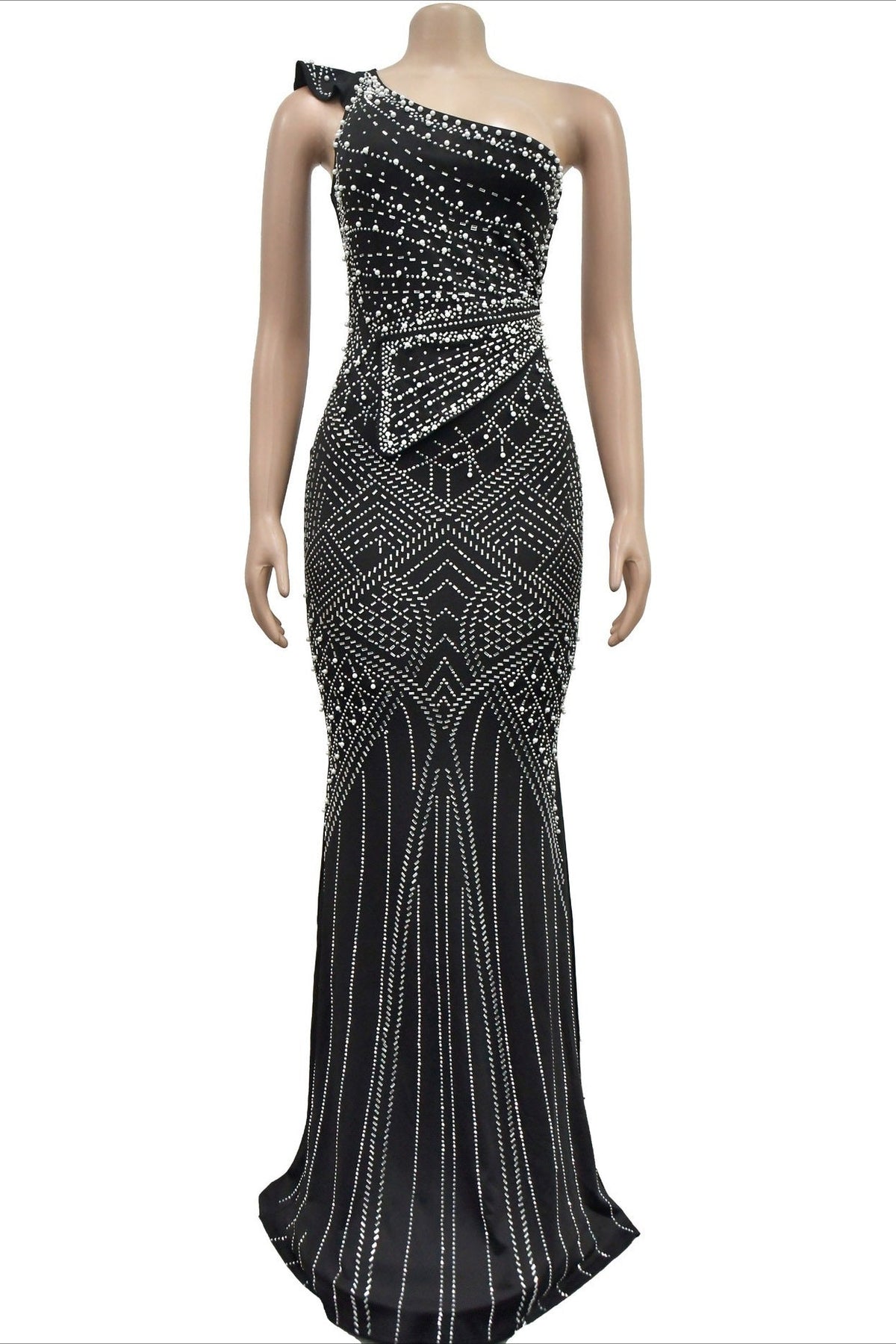 One-Shoulder Rhinestone Maxi Dress Lavish Daily