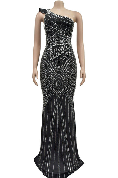 One-Shoulder Rhinestone Maxi Dress Lavish Daily
