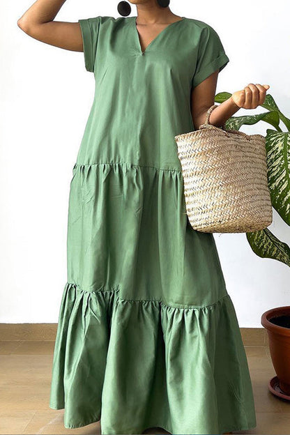 V-Neck Tiered Flowy Smock Maxi Dress Lavish Daily