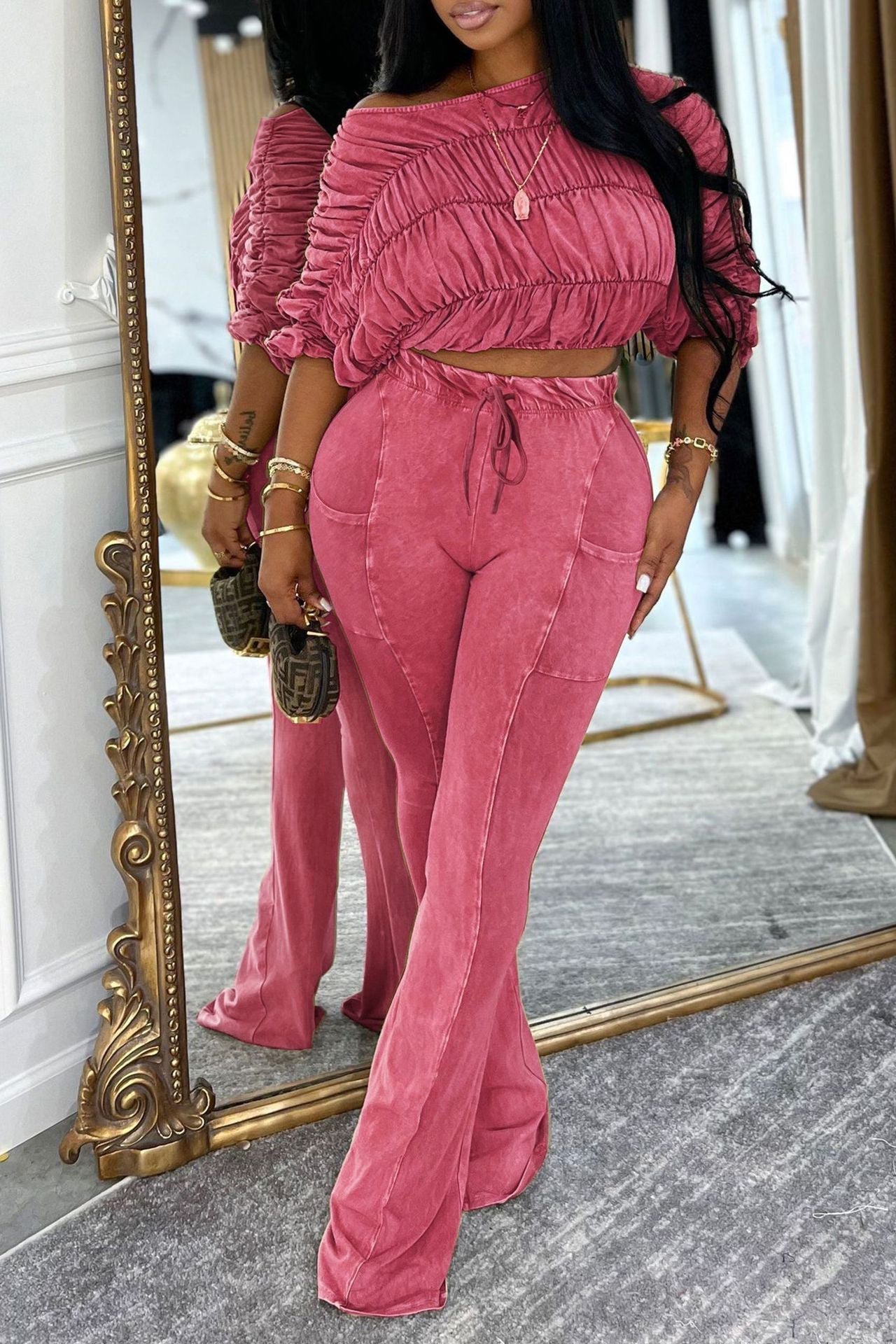 Ruched Crop Top and Lounge Pant Set Lavish Daily