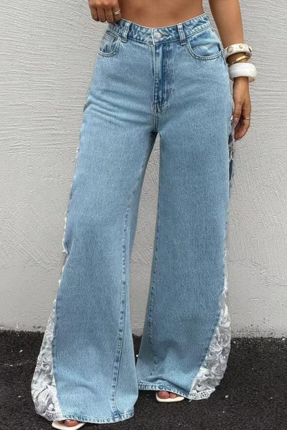 High-Waisted Lace Insert Wide Leg Jeans Lavish Daily