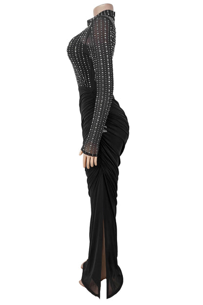 Beaded High-Neck Ruched Mesh Maxi Dress Lavish Daily