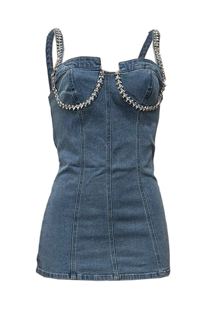 Rhinestone Trim Denim Bustier Mini Dress Lavish Daily