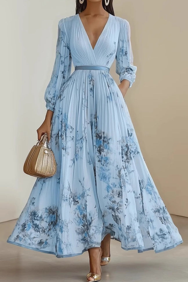 V Neck Floral Long Sleeve A Line Maxi Dress LavishDaily
