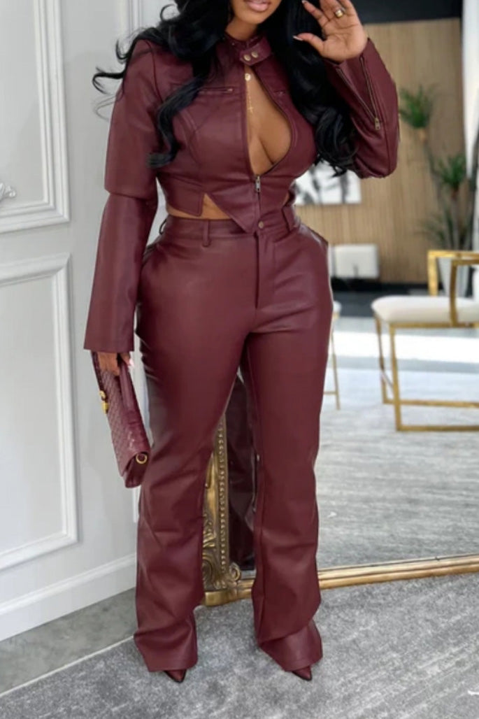 Faux Leather Jacket and Pants Set Lavish Daily