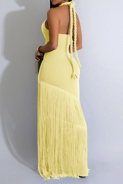 Halter Cutout Fringe Maxi Dress Lavish Daily