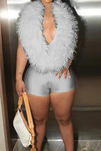 Deep V Feather Halter Romper LavishDaily