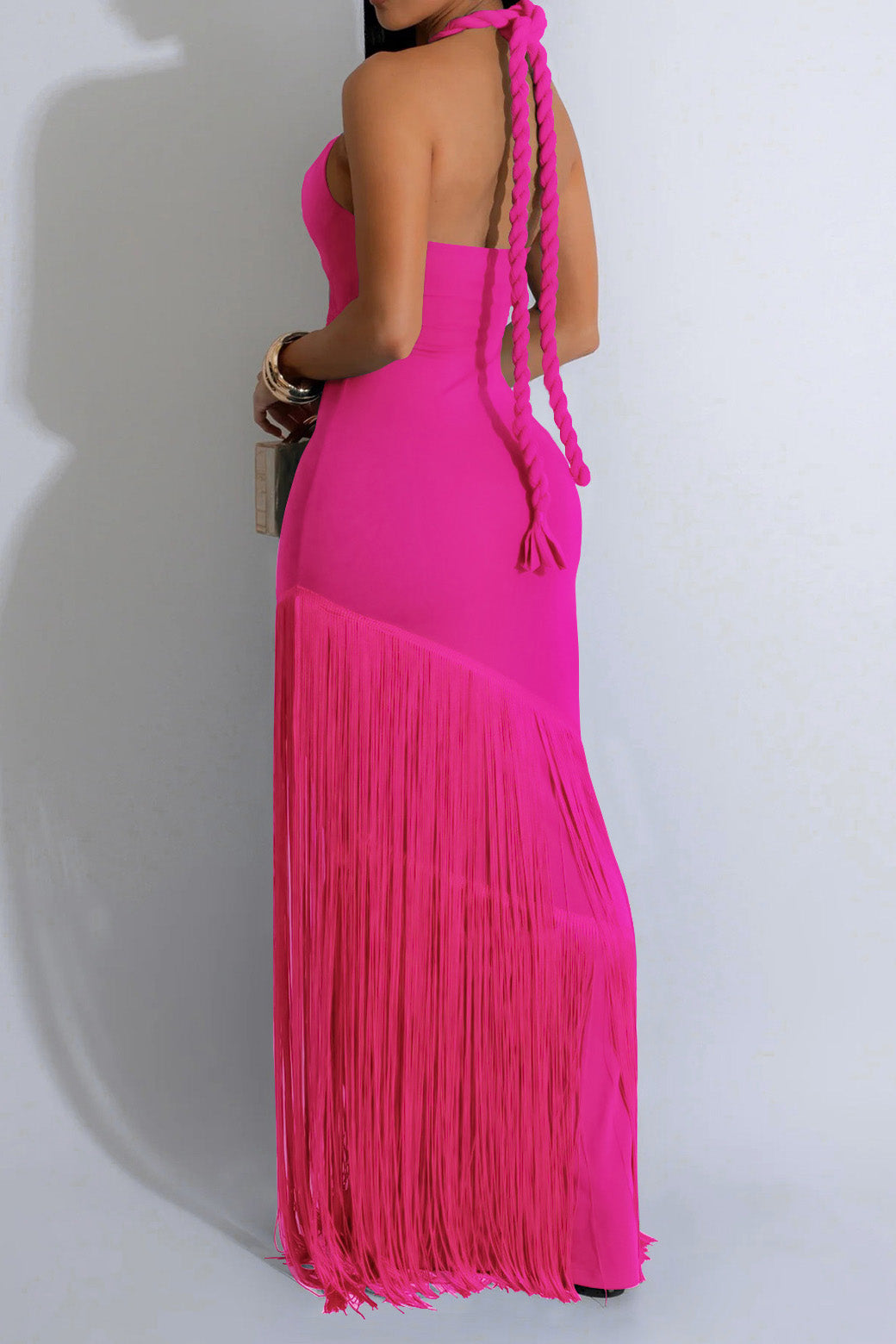 Halter Cutout Fringe Maxi Dress Lavish Daily