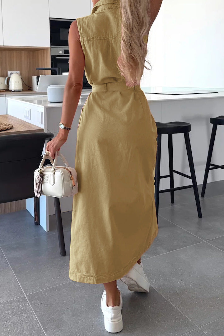 Sleeveless Belted Utility Maxi Shirt Dress Lavish Daily