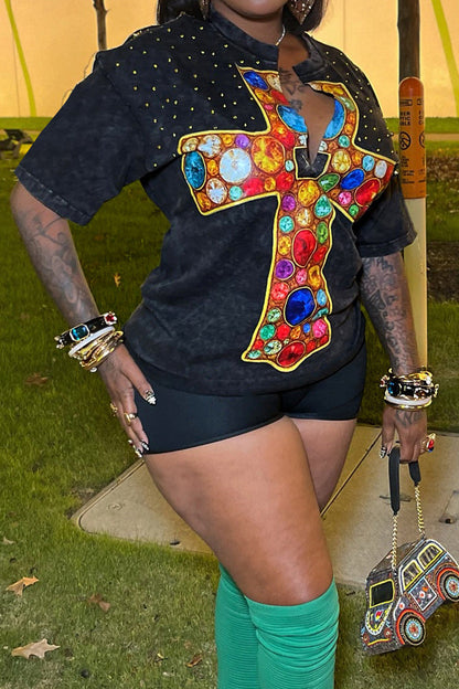 Jeweled Cross Split-Neck Graphic Tee Lavish Daily