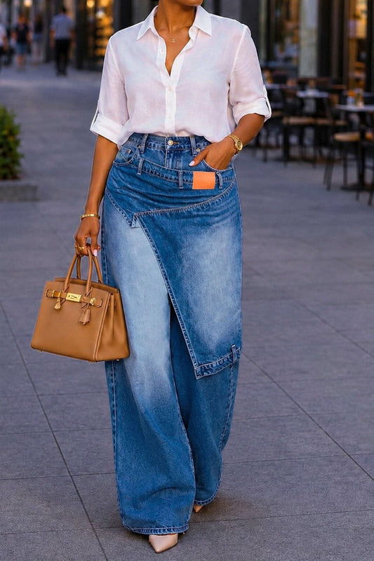 Asymmetrical Overlay Wide Leg Denim Pants Lavish Daily