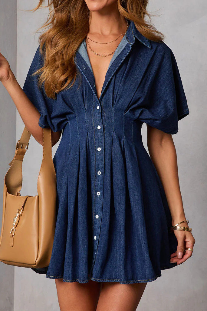 Dark Wash Pleated Waist Denim Mini Dress Lavish Daily