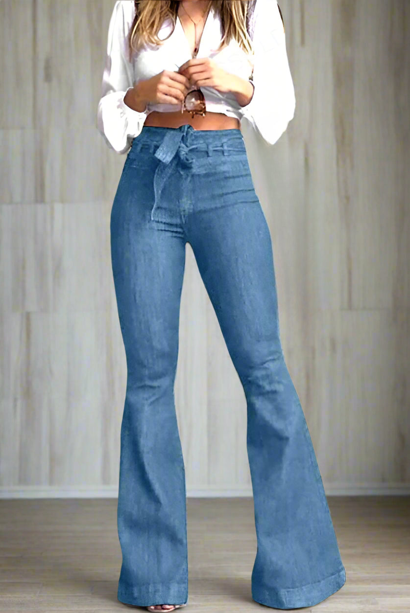 High Rise Tie Waist Flare Wide Leg Jeans Lavish Daily