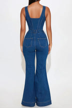 Strappy Flared Leg Denim Jumpsuit Lavish Daily