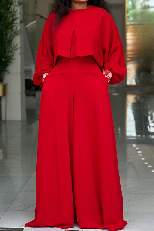 Plus Size Lantern Sleeve Wide Leg Pant Set Lavish Daily