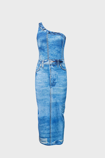 Denim Print Midi Dress Lavish Daily