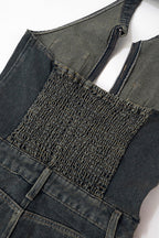 Sleeveless Denim Halter V Neck Backless Romper Lavish Daily
