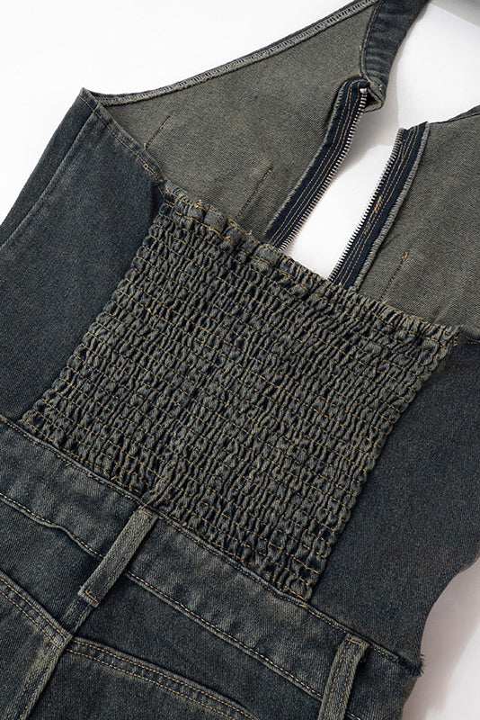 Sleeveless Denim Halter V Neck Backless Romper Lavish Daily