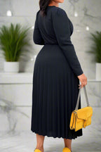 V Neck Long Sleeve Pleated Midi Dress Lavish Daily