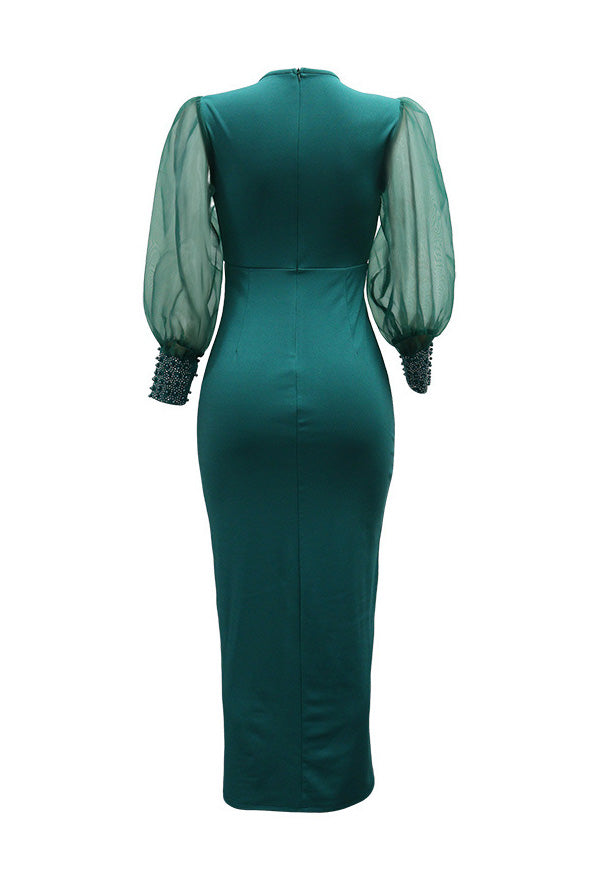 Rhinestone V-Neck Puff Sleeve Maxi Dress Lavish Daily