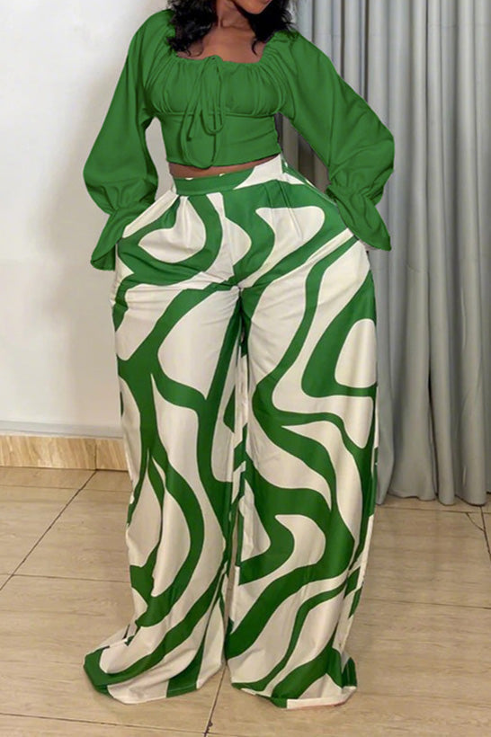 Long Sleeve Top and Printed Wide Leg Pants Set Lavish Daily