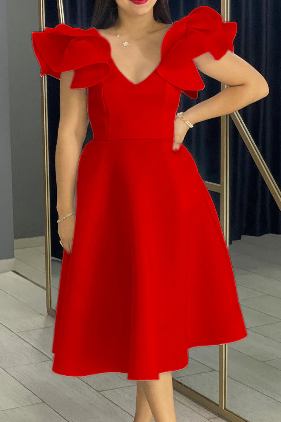 Flounce Sleeve High Waist A-Line Dress Lavish Daily