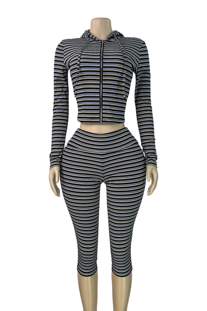Striped Zip Hoodie & Foldover Capri Pants Set Lavish Daily