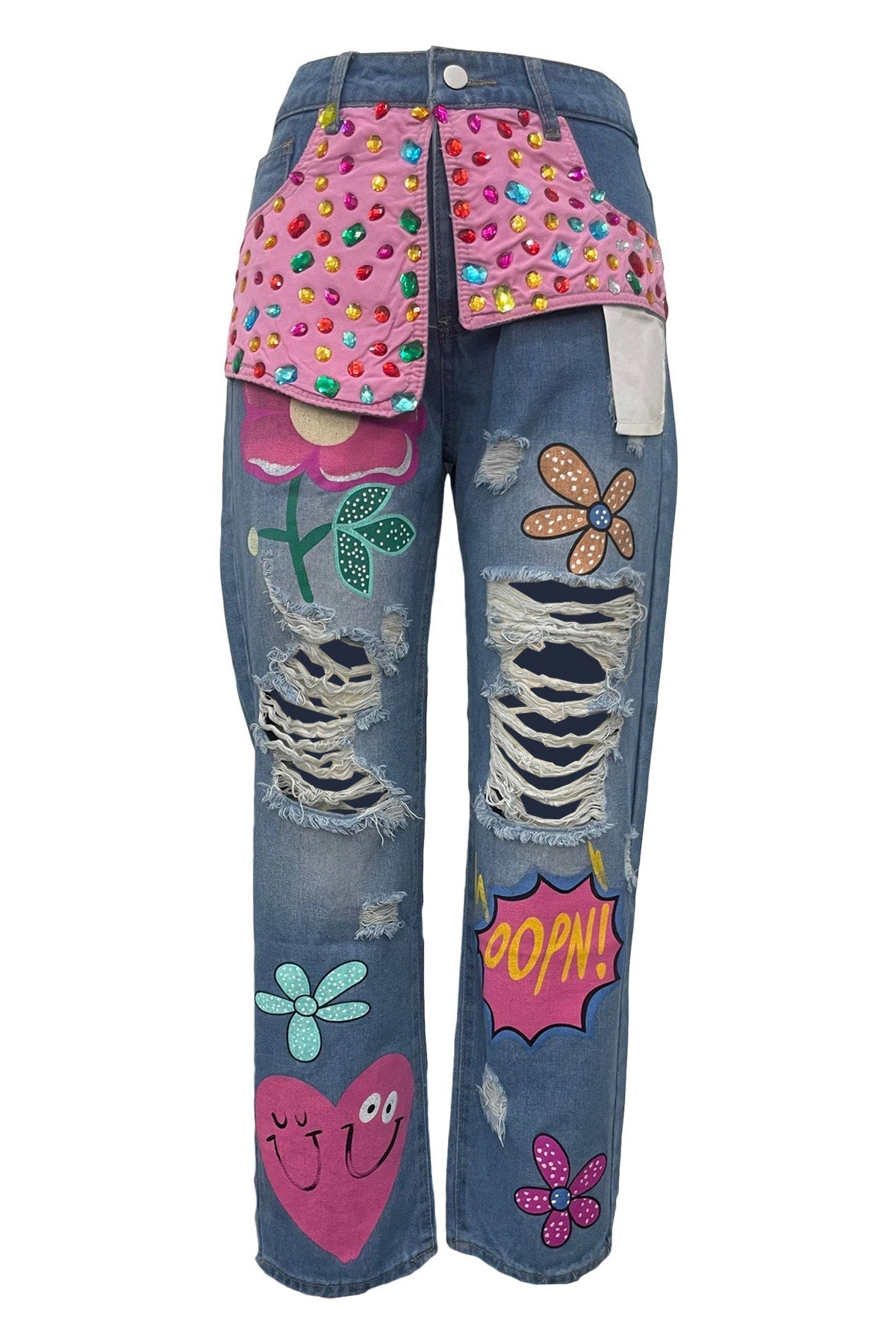 Embroidered Rhinestone Ripped Jeans Lavish Daily