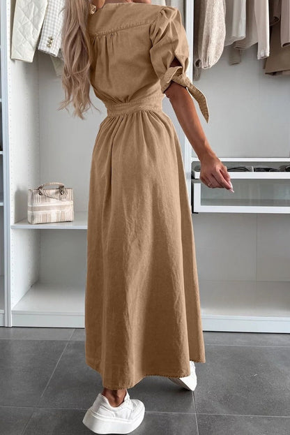 V-Neck Button-Front A-Line Denim Midi Dress Lavish Daily