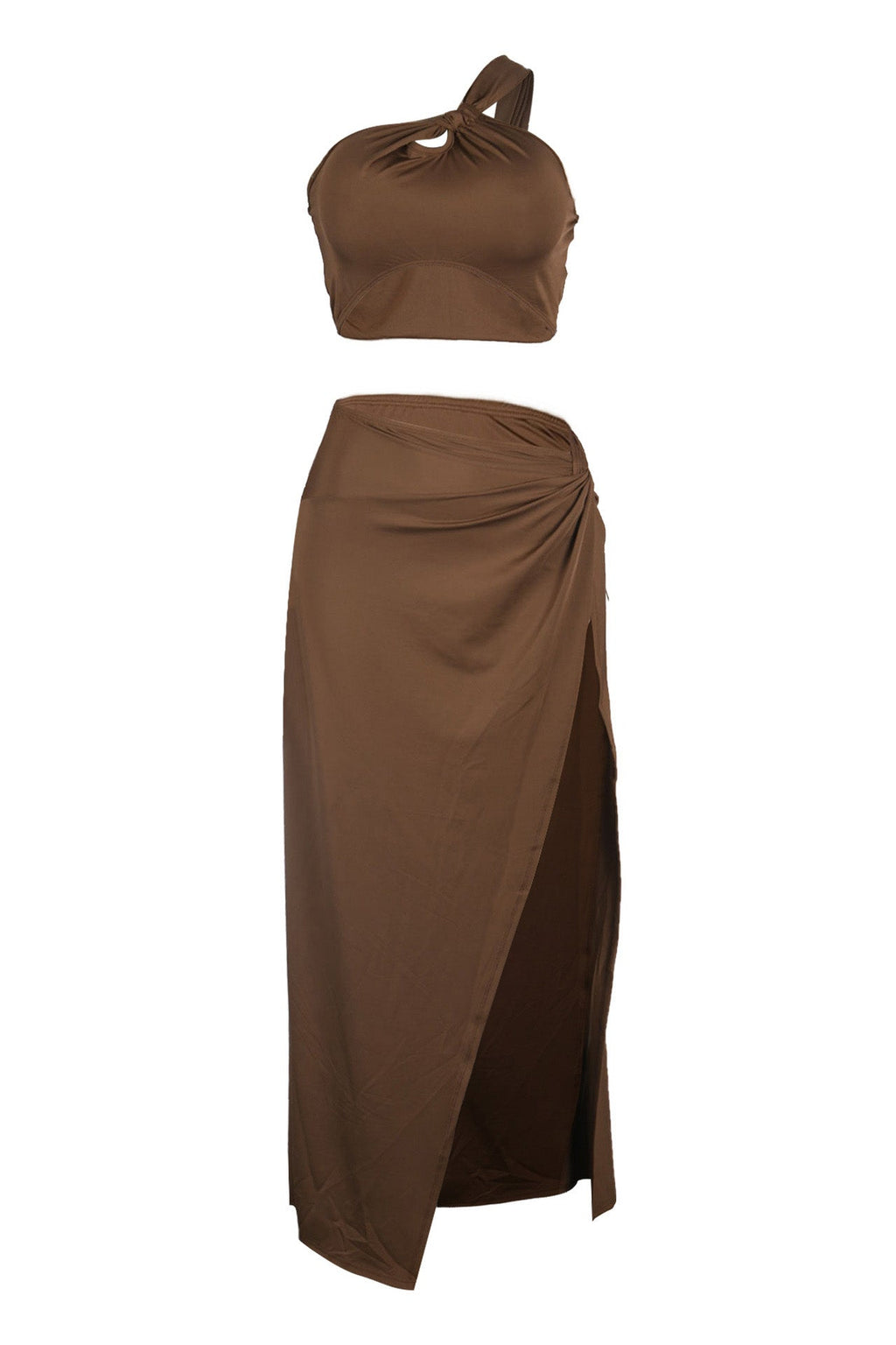 Solid One Shoulder Crop Top and Slit Skirt Set Lavish Daily