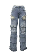 Rhinestone Embellished Denim Cargo Pants Lavish Daily