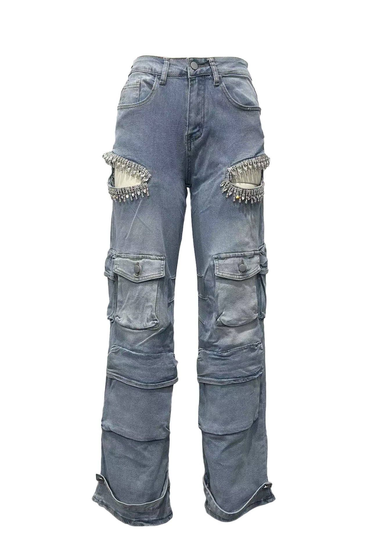 Rhinestone Embellished Denim Cargo Pants Lavish Daily