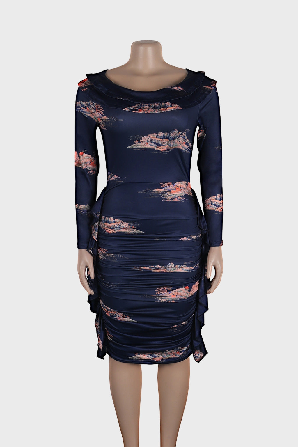 Printed Long Sleeve Ruched Bodycon Dresses Lavish Daily