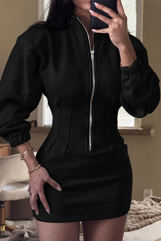 Long Sleeve Zip-Up Stand Collar Sweatshirt Dress Lavish Daily