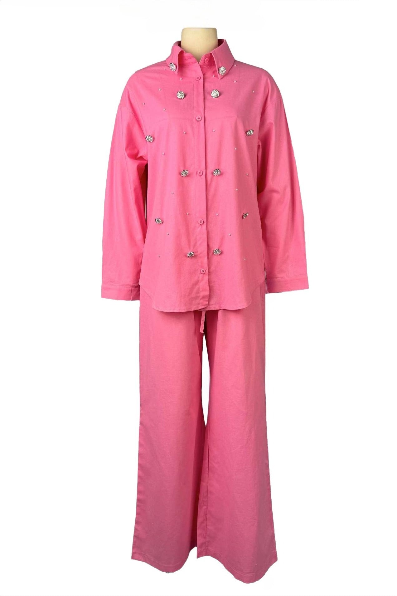 Beaded Collared Shirt & High-Waist Pants Set Lavish Daily